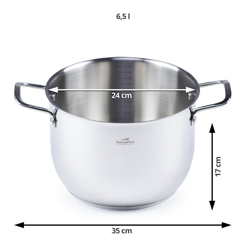 Čelični lonac Pour & Cook prečnika 24 cm i zapremine 6,5 l  odlikuje neuništiv, nehrđajući čelik 18/10 i 3-slojno dno koje omogućava brzo, ravnomijerno zagrijavanje i kraće vrijeme kuhanja. Tehnologija ThermoFlow omogućava odličnu distribuciju toplote po cijeloj površini posude i na taj način obezbjeđuje ravnomijerno kuhanje. Za jednostavnije kuhanje šerpa ima mjernu skalu u unutrašnjosti posude, a za lakše odlivanje i isparavanje prilagođeni poklopac i zaobljeni rub posode. Pogodno za sve površine za kuhanje, uključujući indukcionu. Lako se čisti i može se prati i u mašini za pranje posuđa.