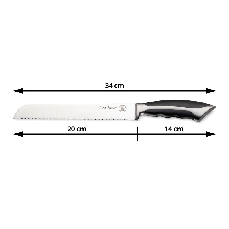 Čelični nož za hljeb Rosmarino Blacksmith's Oštrica je izrađena od nehrđajućeg čelika njemačke kvalitete, a izdržljiva ručka izrađena je od visokokvalitetne ABS plastike, koja omogućuje maksimalno opterećenje. Profesionalna oštrina bit će vam od velike pomoći kako bi se kriške hljeba tačno i ravnomjerno rezale. Prednost noža je dvostrana oštrica, ručno oštrena pod uglom od 15 ° za dugotrajnu oštrinu i trajnost. Nož se lako čisti pod tekućom vodom s malo deterdženta.